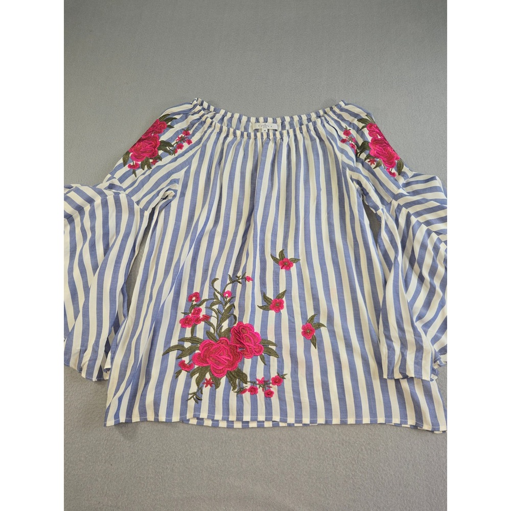 Fever‎ Embroidered Floral Striped Blouse Womens Medium Blue Bell Sleeve Boho Top